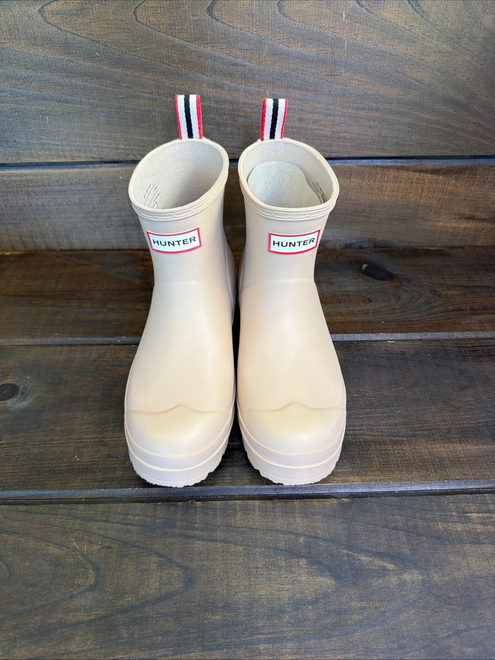 Hunter Play Short Light Beige Platform Wedge Rain Boots Women Size 8 M